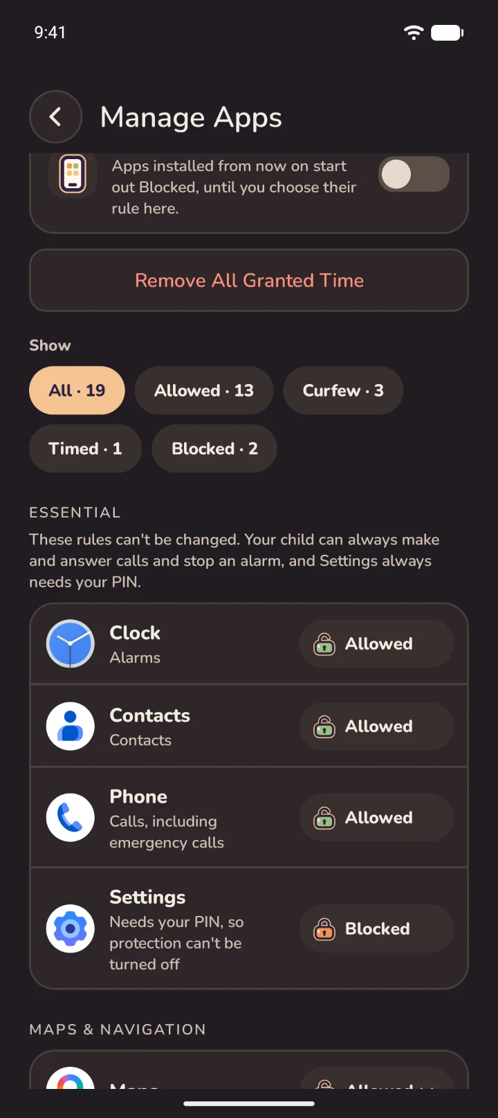 Manage Apps in dark mode, with the Essential apps and the rule counts.