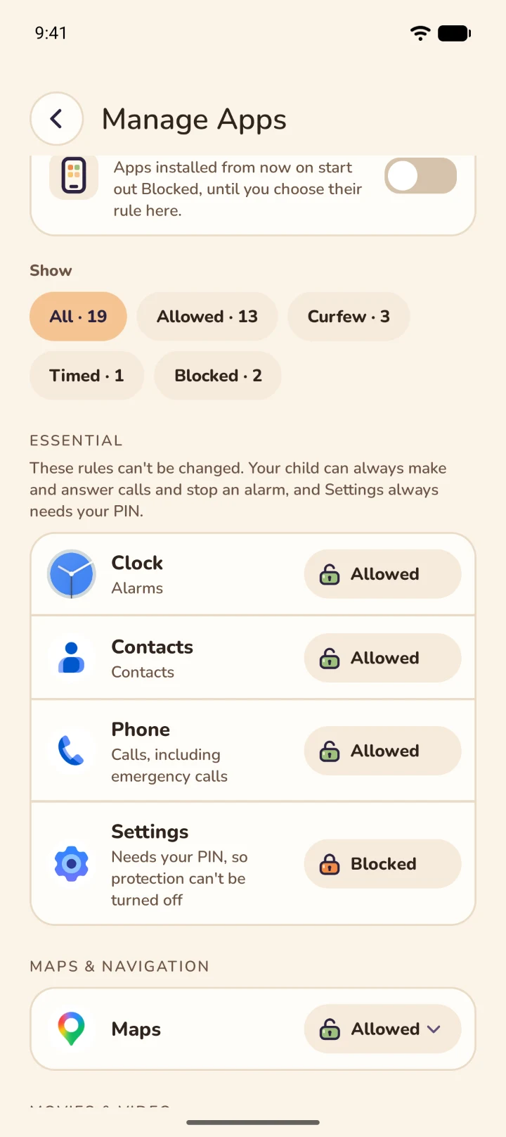 Manage Apps: 19 apps, 13 Allowed, 3 Curfew, 1 Timed and 2 Blocked. Clock, Contacts and Phone are always allowed and Settings is always blocked.