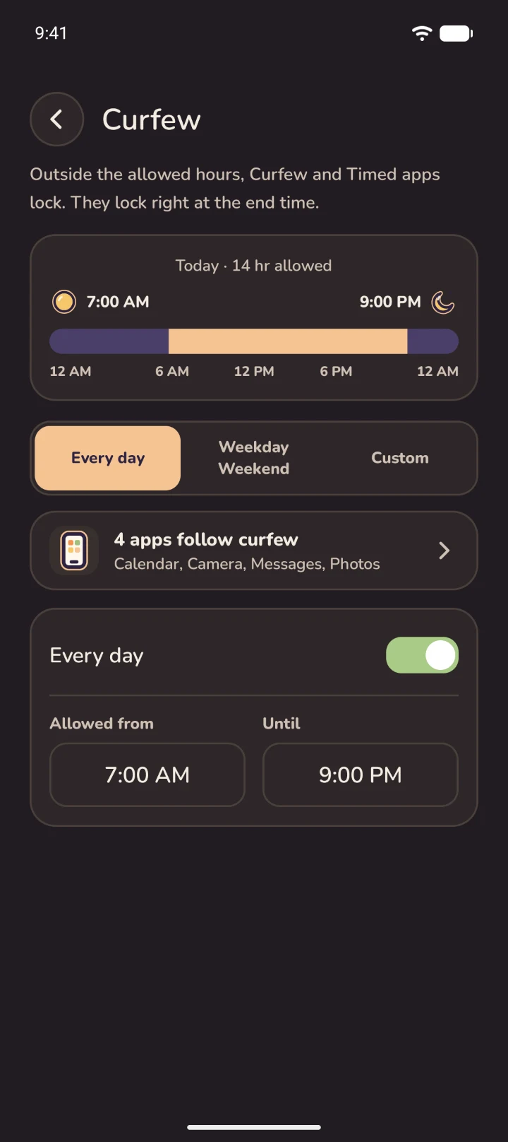 The Curfew screen in dark mode.