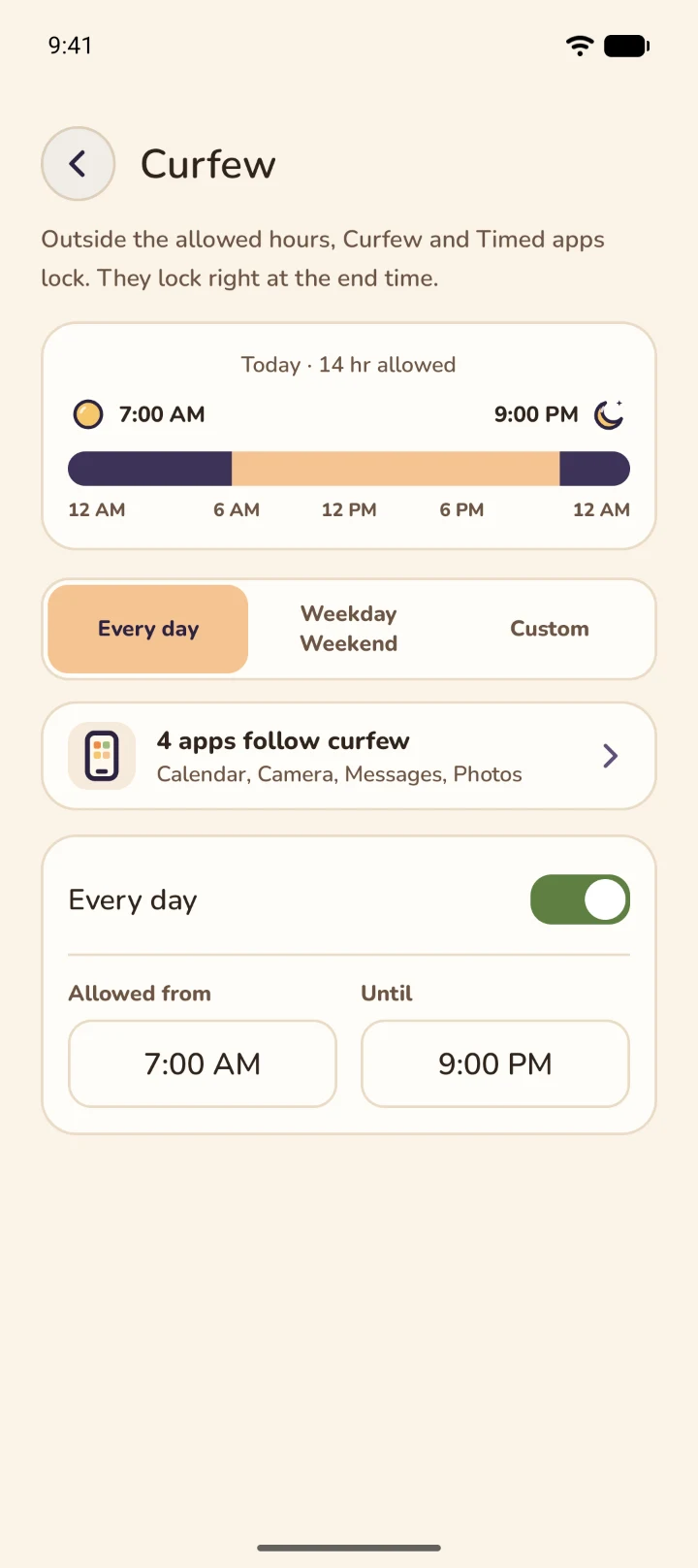 The Curfew screen: today 14 hours allowed, Every day selected, allowed from 7:00 AM until 9:00 PM, with Calendar, Camera, Messages and Photos following curfew.