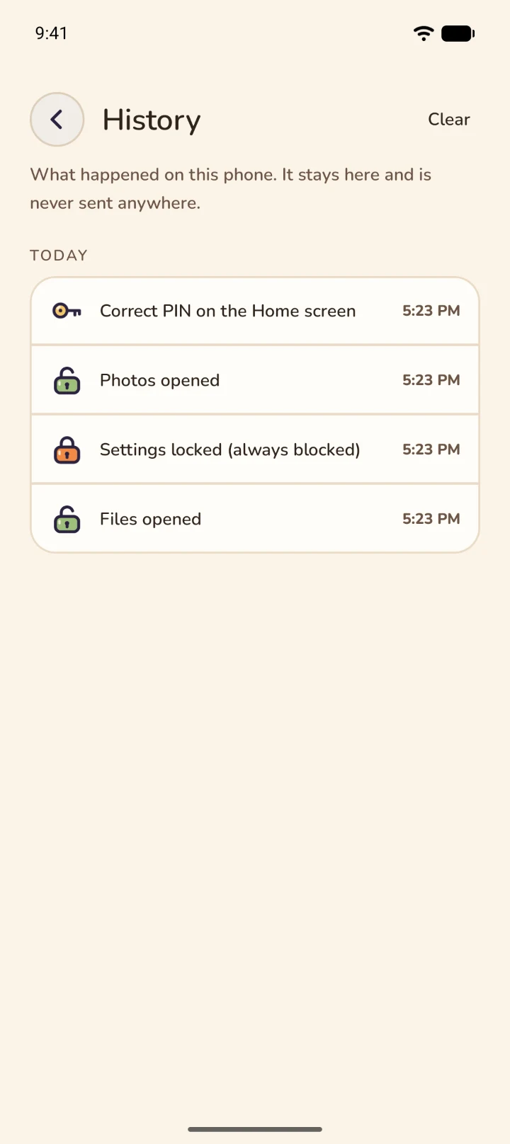 History: Files opened, Settings locked because it's always blocked, Photos opened, and the correct PIN on the Home screen.