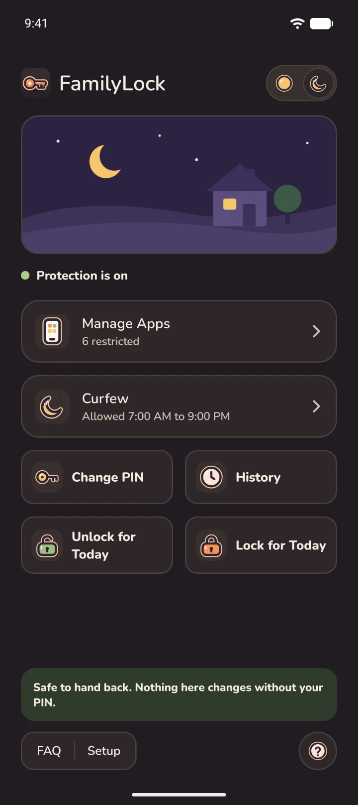 FamilyLock's Home screen in dark mode, with the night scene.