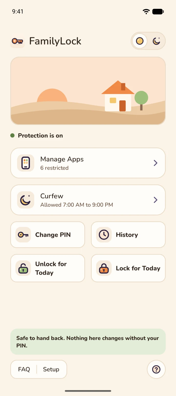 FamilyLock's Home screen: protection is on, Manage Apps, Curfew, Change PIN, History, Unlock for Today and Lock for Today, and the Safe to hand back box.
