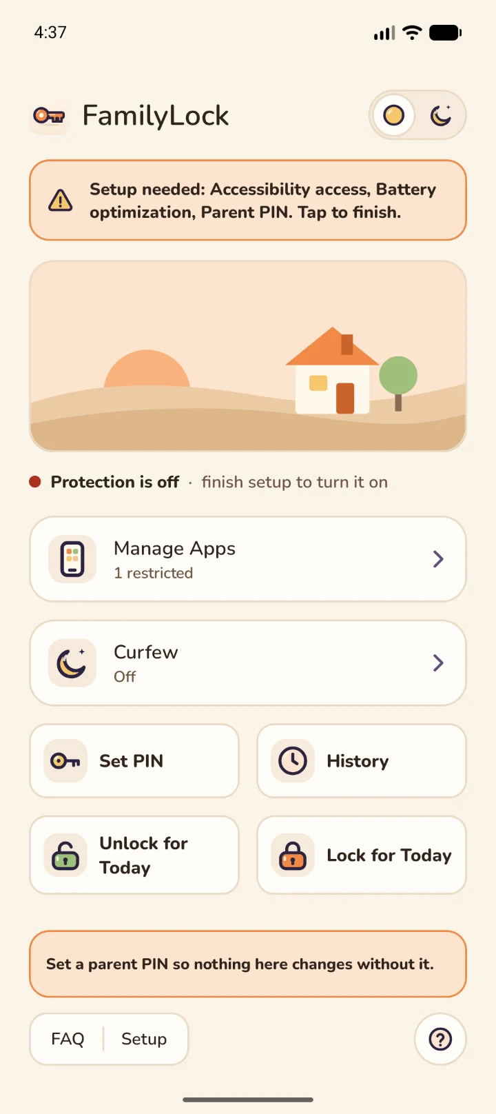FamilyLock's Home screen before setup: a banner says Setup needed, and protection is off.
