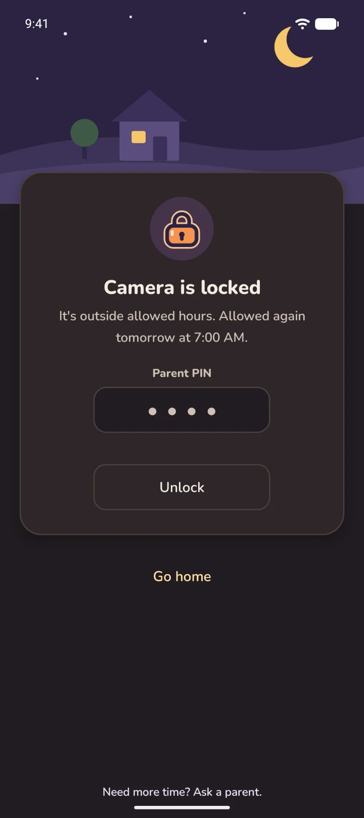 FamilyLock's lock screen at night: Camera is locked until 7:00 AM tomorrow.