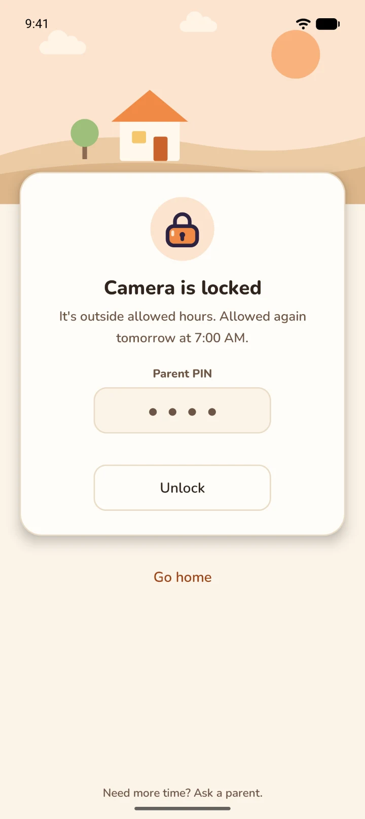 FamilyLock's lock screen: Camera is locked, it's outside allowed hours, allowed again tomorrow at 7:00 AM, with a PIN box and an Unlock button.
