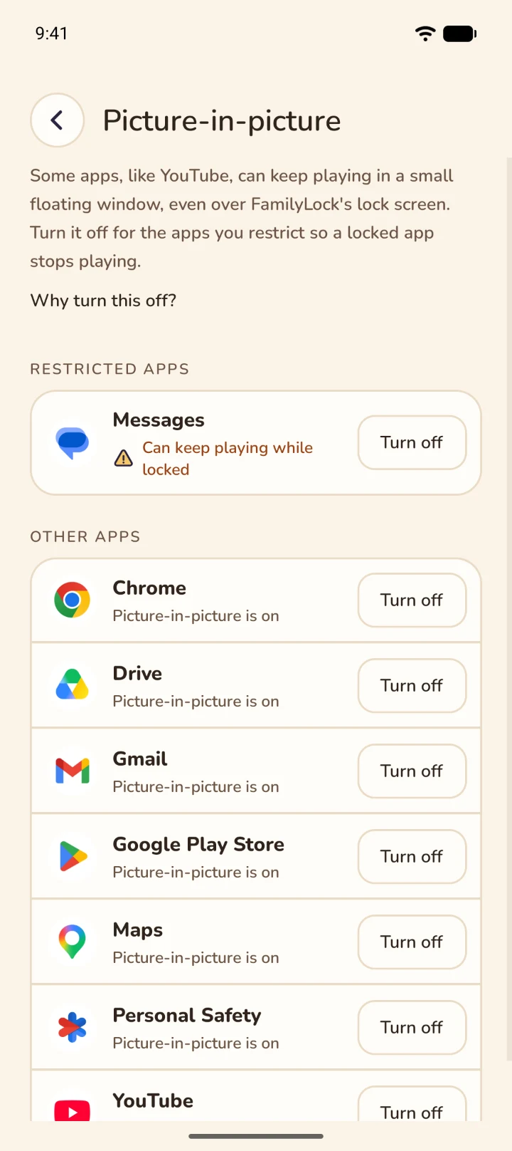 The Picture-in-picture screen: Messages, a restricted app, can keep playing while locked, with a Turn off button for each app.