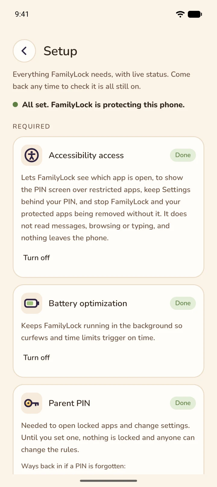 The Setup screen with everything done: Accessibility access, Battery optimization and Parent PIN all marked Done.